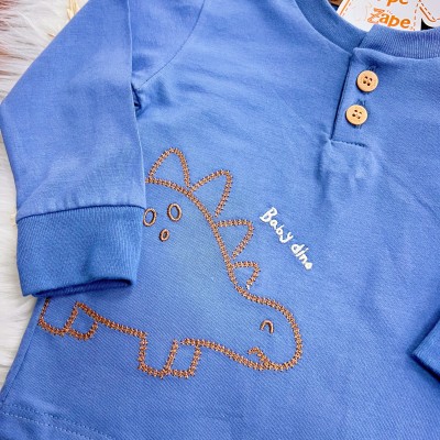 Conj. Blusa Manga Longa Baby Dino e Calça de Moletom - Azul Jeans e Areia